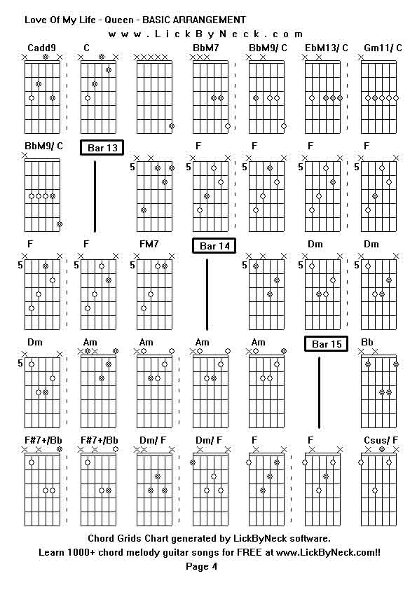 Chord Grids Chart of chord melody fingerstyle guitar song-Love Of My Life - Queen - BASIC ARRANGEMENT,generated by LickByNeck software.